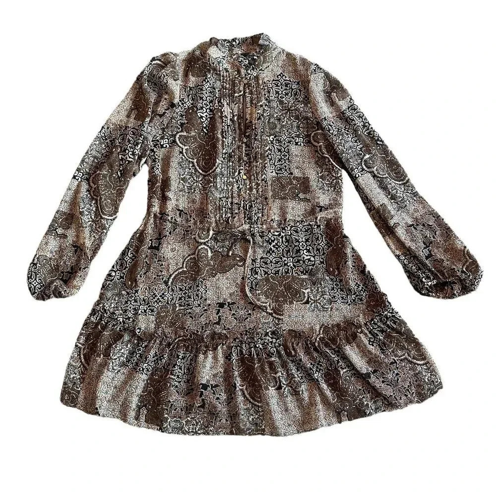 House of Harlow 1960 Paisley Neutral Print Dress Boho Mini Long Sleeve Size 2